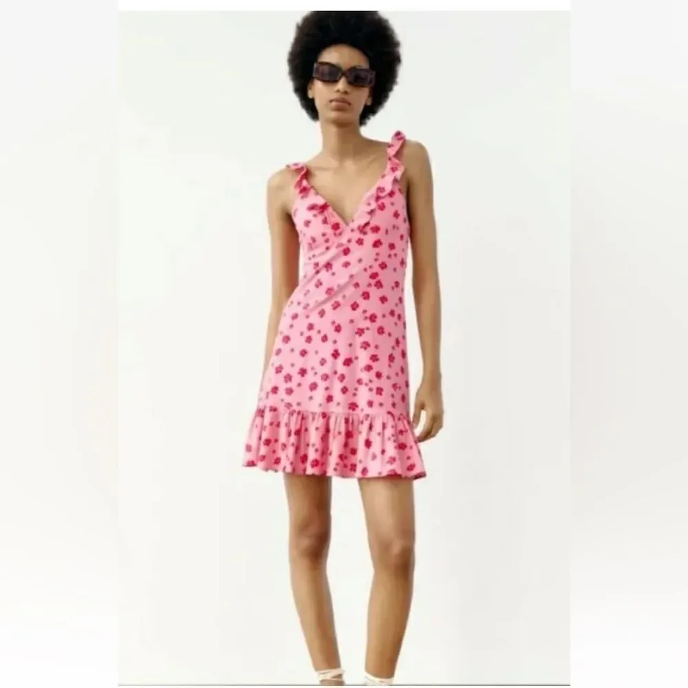 NWT Zara Floral Ruffle Linen V-Neck Mini Dress Pink/ Red Sz S